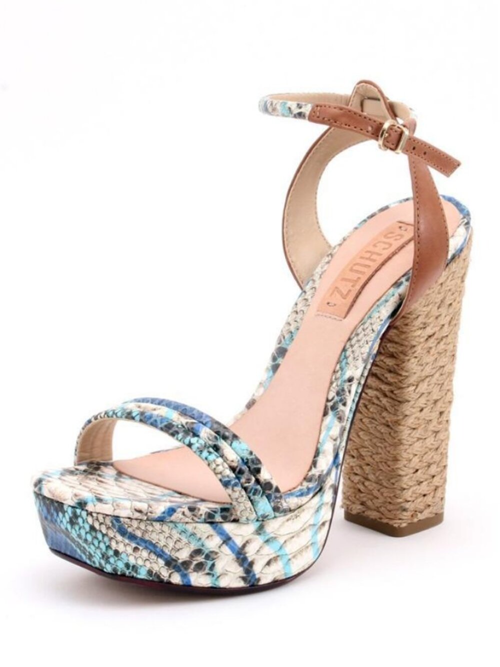 Schutz Caitlin High Heel Blue Jeans Biscuit Python Sandal Snakeskin Platform NEW - Picture 2 of 4